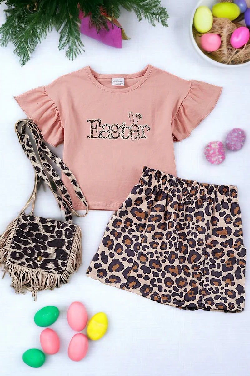 EASTER PRINTED RUFFLE SLEEVE TOP & LEOPARD PRINTED SKIRT.