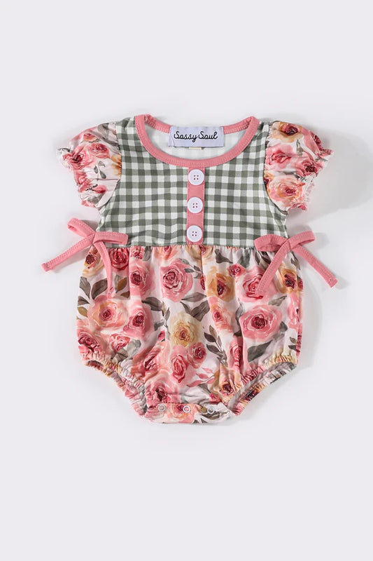 Pink & Green Plaid Floral Girl Bubble Onesie